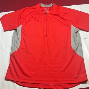 LL Bean Men Lrg RED gray Polyester Short Sleeve 1/4 Zip T Shirt zip back pocket